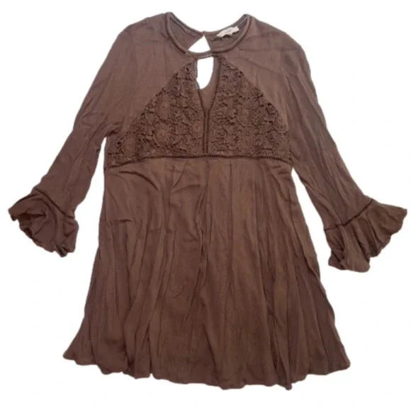 Entro Brown Boho Bell Sleeve Mini Dress or Tunic Shirt Size L Large - Picture 5 of 11